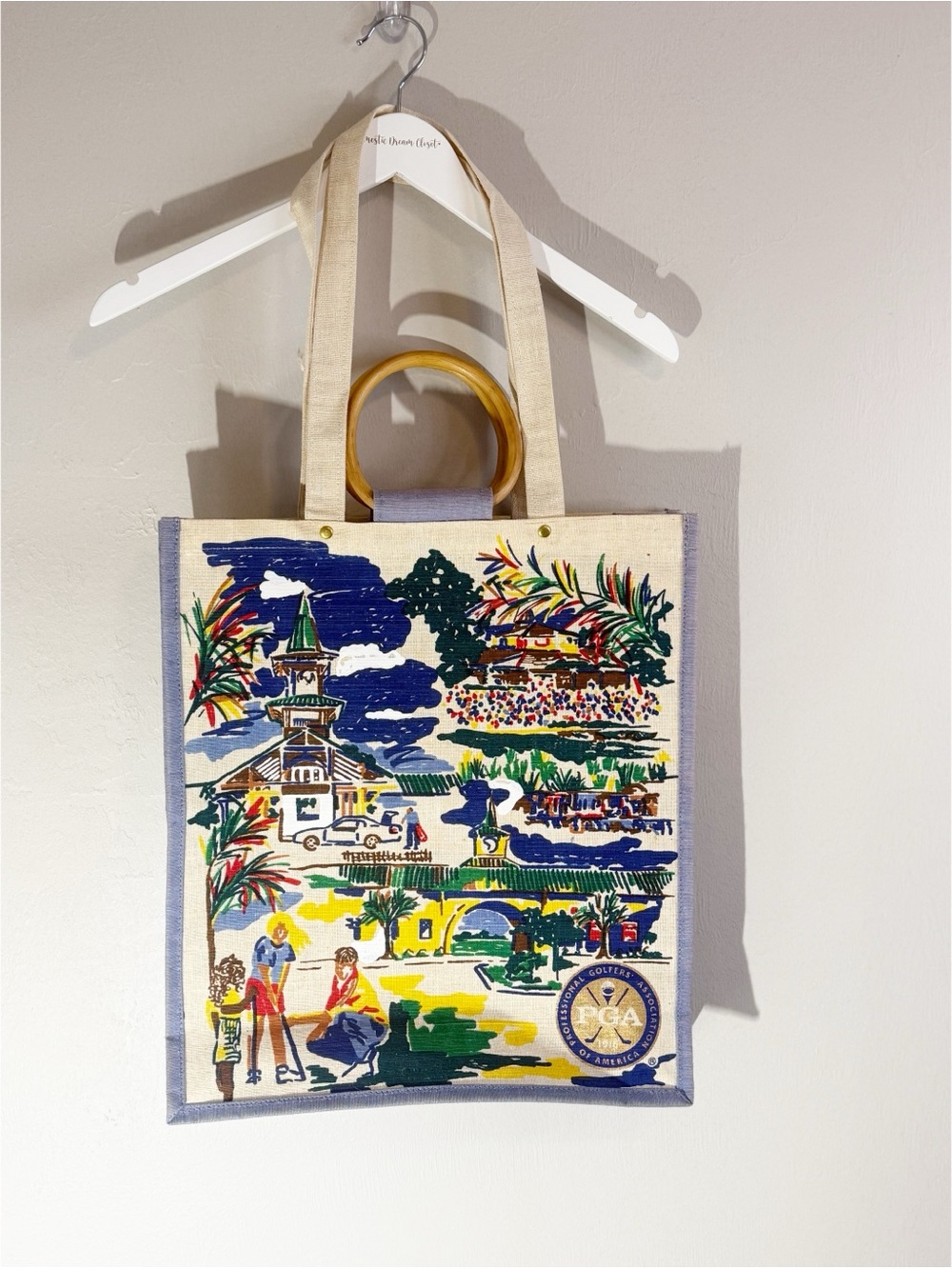 PGA Golf Souvenir Large Brown Burlap Tote Bag Art Wood Handles 18” X 16” X 5”